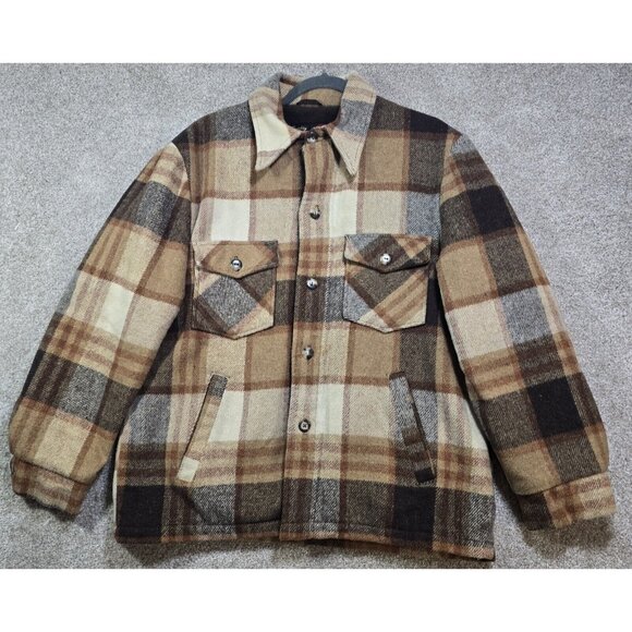 Sears Vintage Wool Jacket Coat Faux Fur Lined Heavy Pockets Plaid Men's 42 Reg. - Picture 1 of 16
